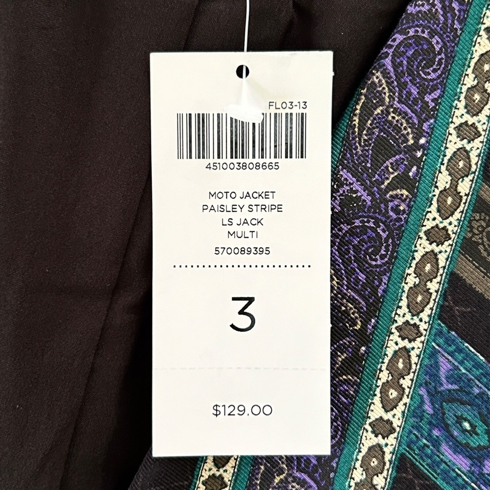 Chico's Women's Size 3 Multicolor XL Paisley Stripe Long Sleeves Moto Jacket NWT - Picture 10 of 11